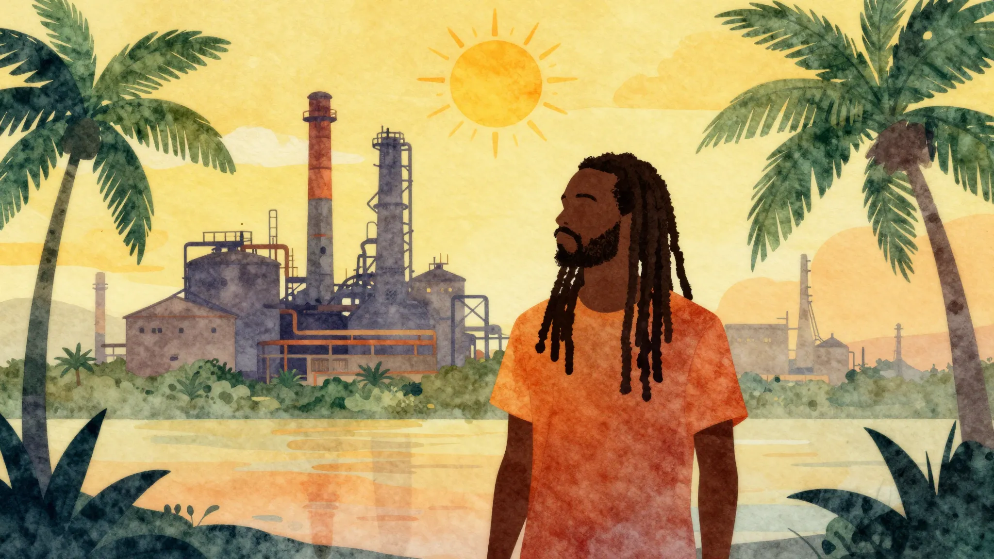Watercolor style. A silhouette of a man with dreadlocks stan...