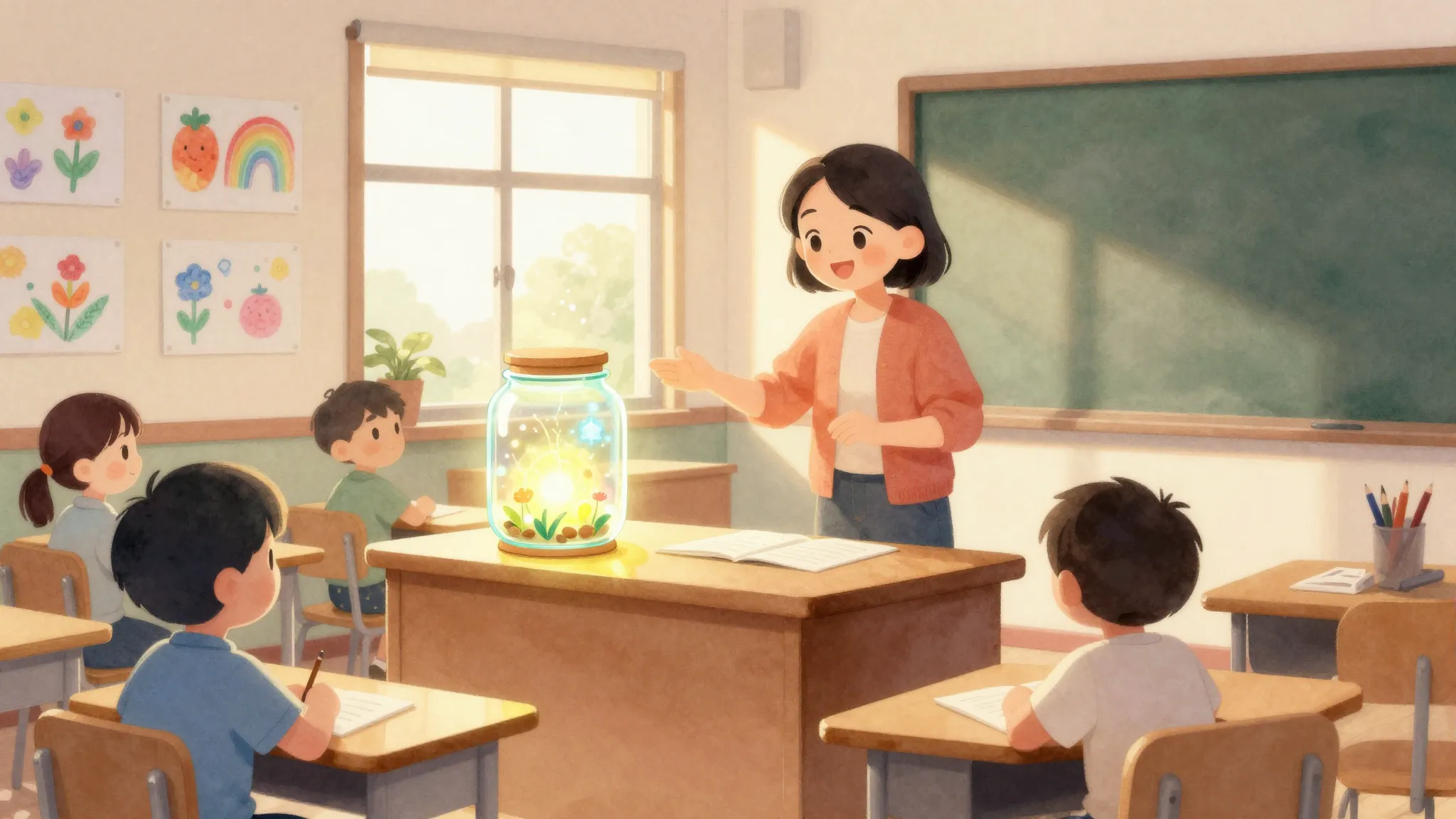 Watercolor style. A warm and cozy classroom scene with a glo...