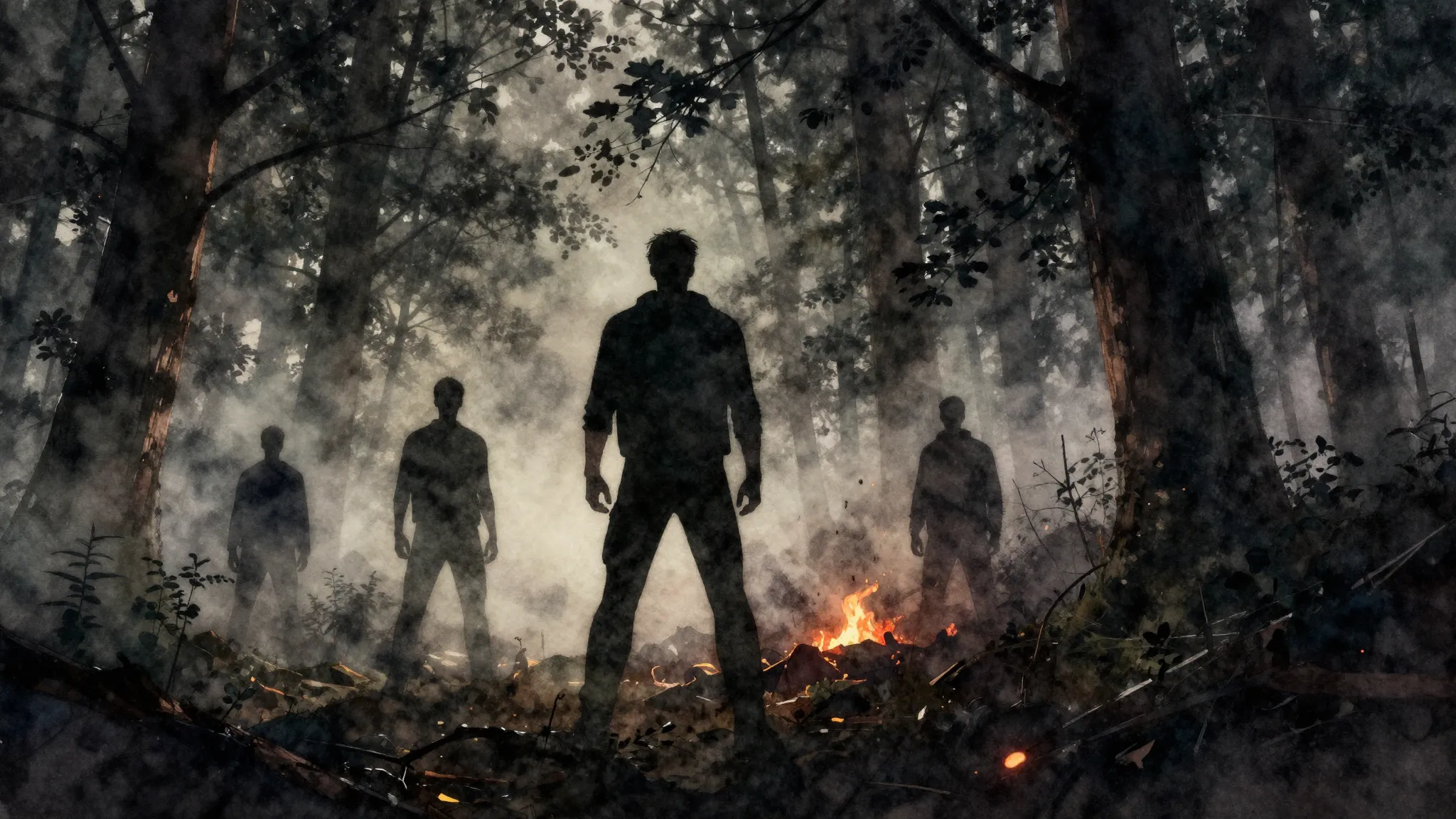 Watercolor style. Silhouettes of men standing strong in a da...