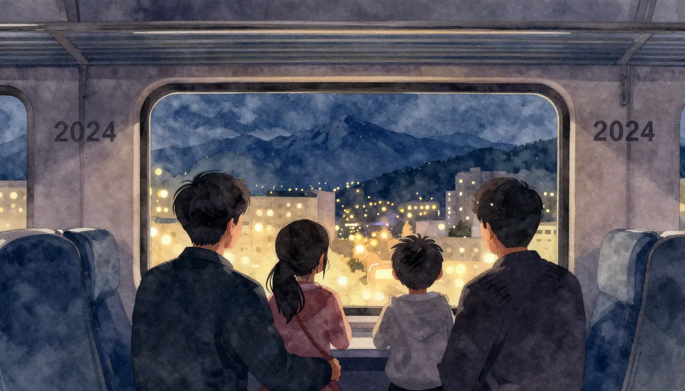 Watercolor style. Silhouette of a family inside a train carr...