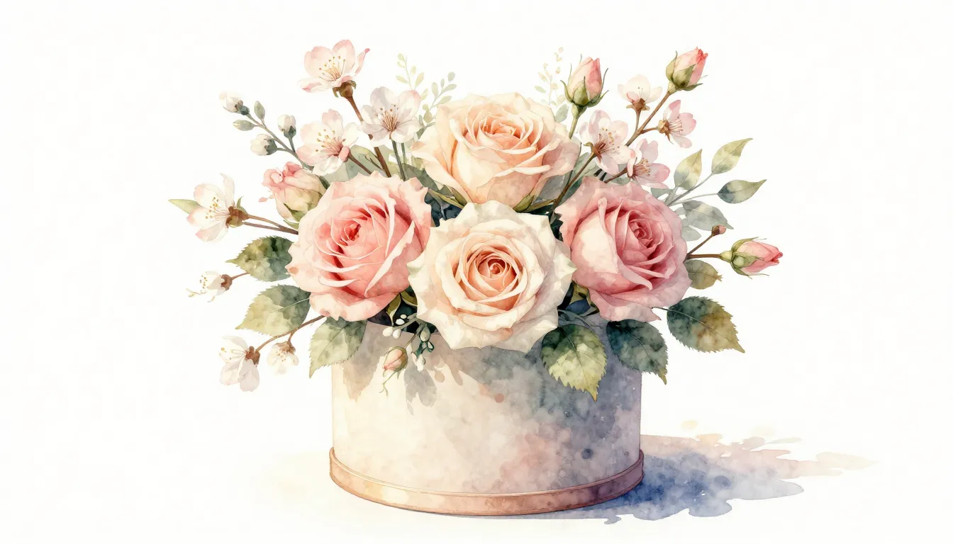 Watercolor style. Elegant flower composition in a hat box, d...