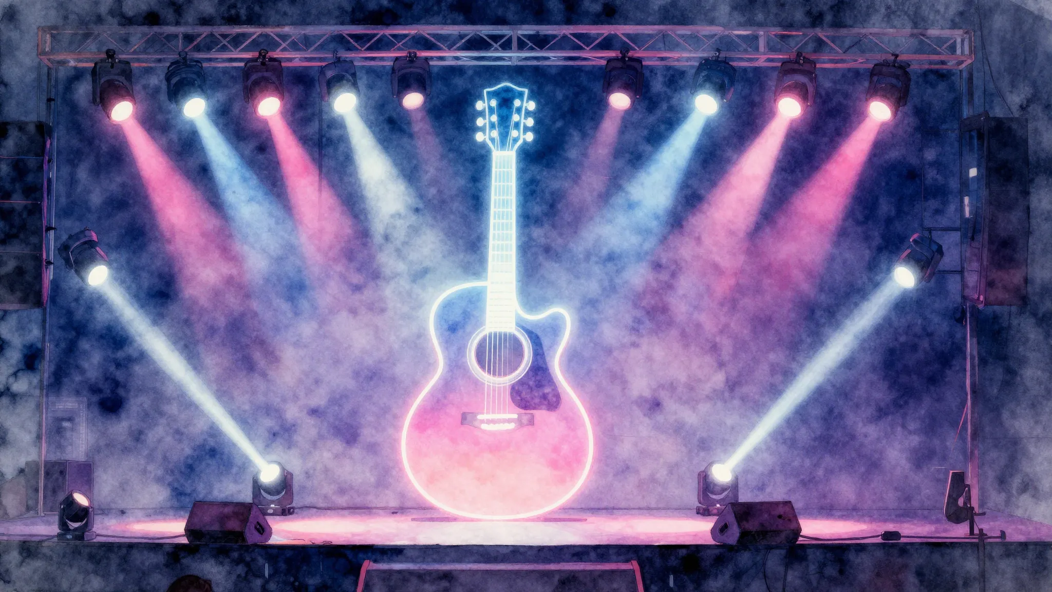 Watercolor style. Neon stage with a glowing acoustic guitar ...