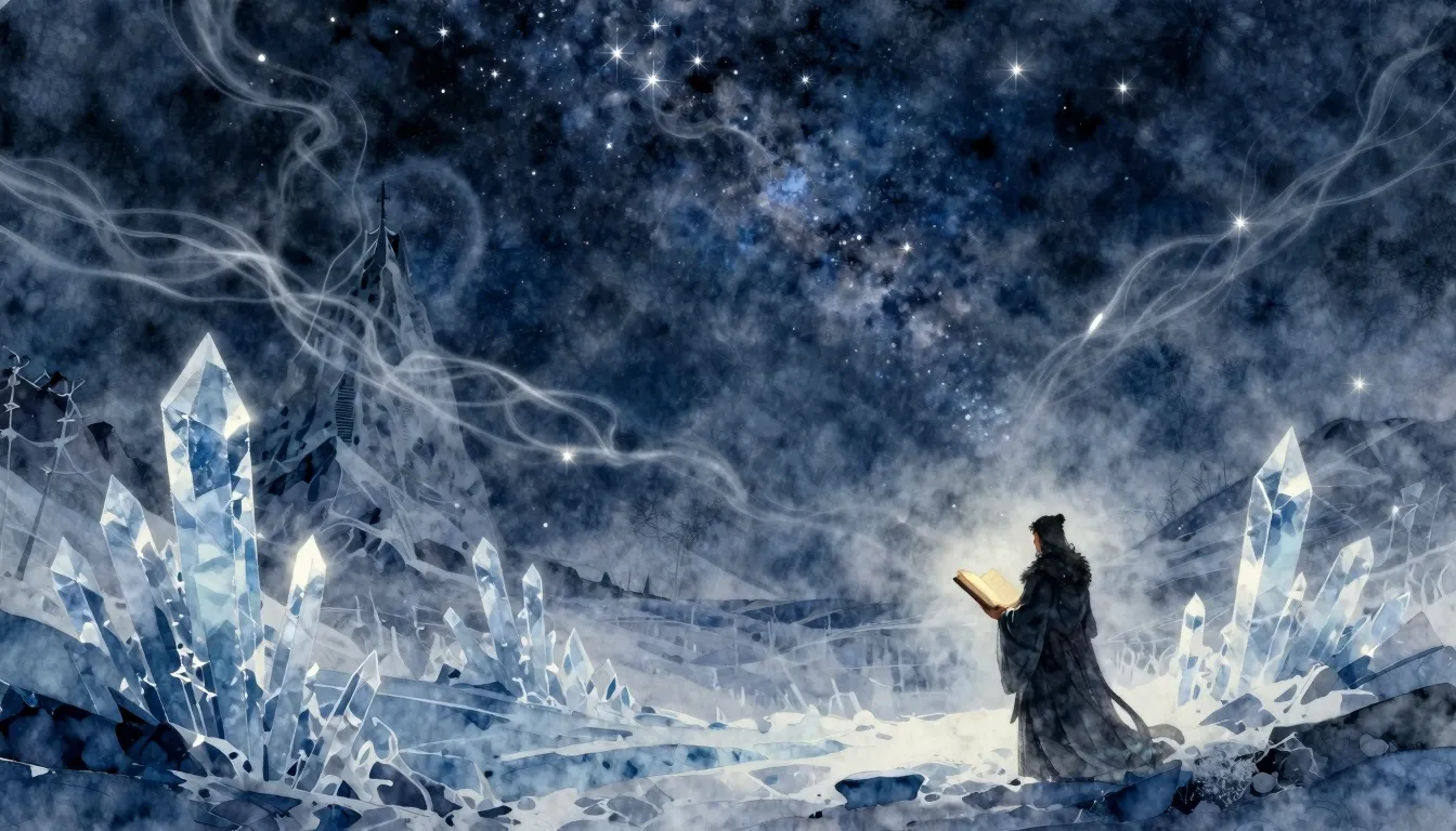 Watercolor style. A majestic frozen landscape under a starry...