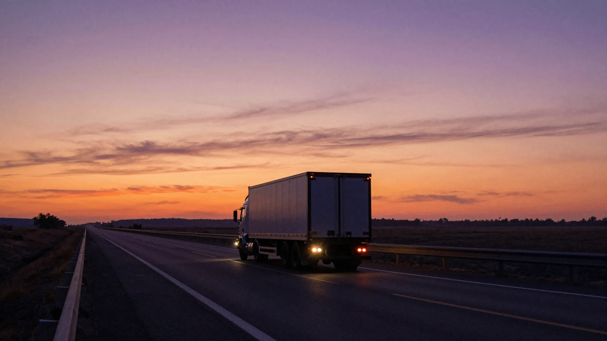 Watercolor style. A lone silhouette of a truck on a highway ...
