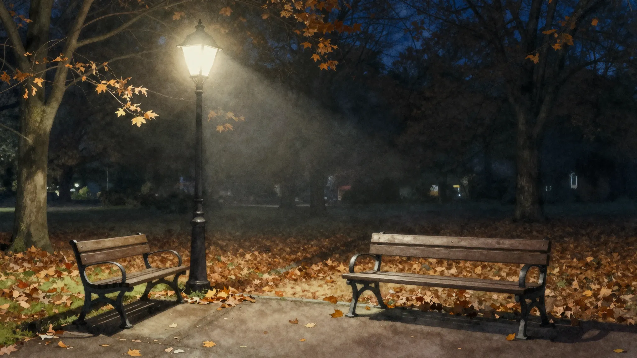 Watercolor style. A lonely street lamp illuminating an empty...