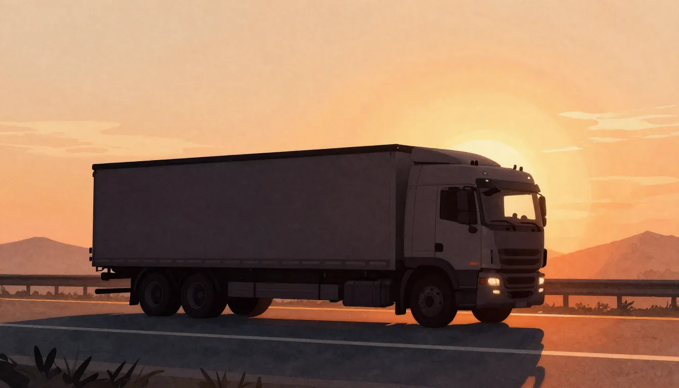 Watercolor style. Silhouette of a large truck on a highway a...