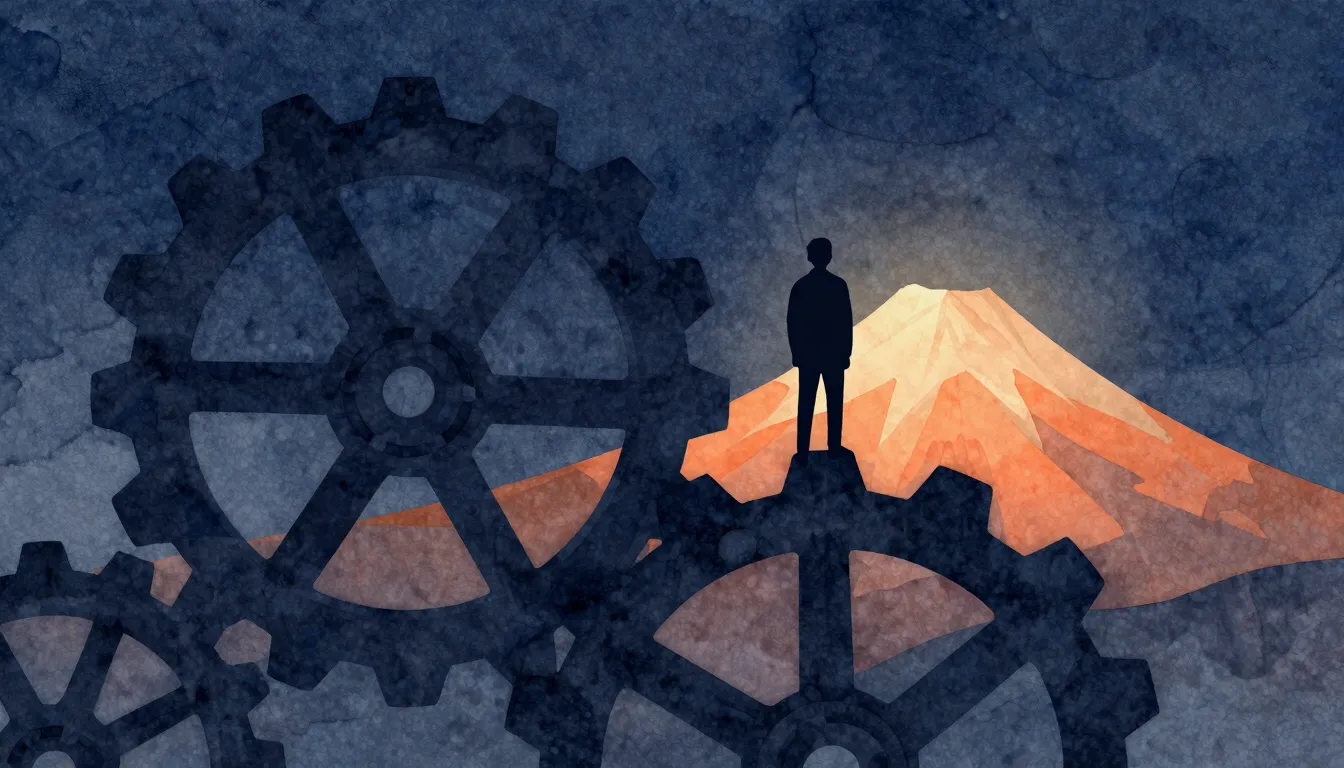 Watercolor style. Silhouette of a person standing on a giant...