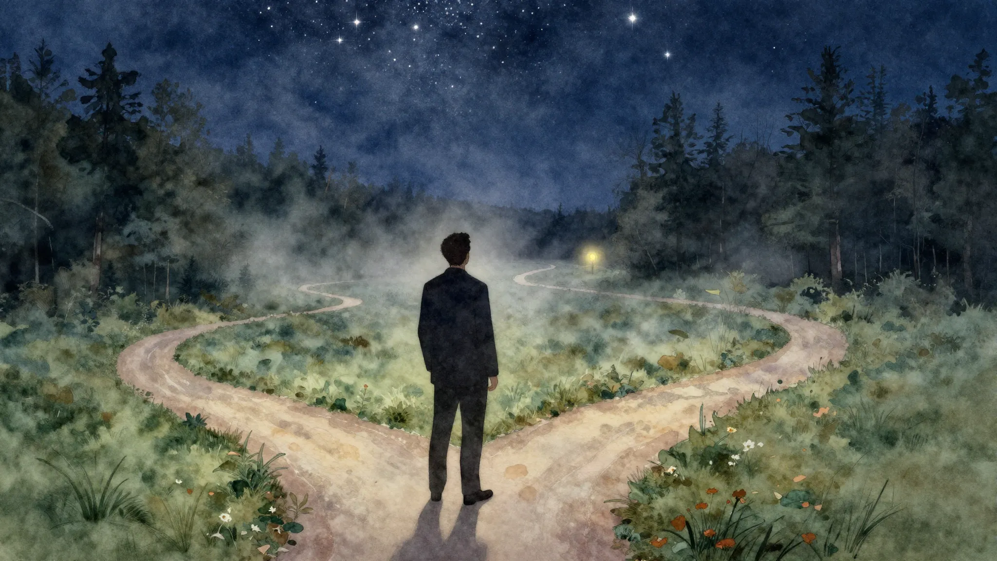 Watercolor style. A silhouette of a man stands at a crossroa...
