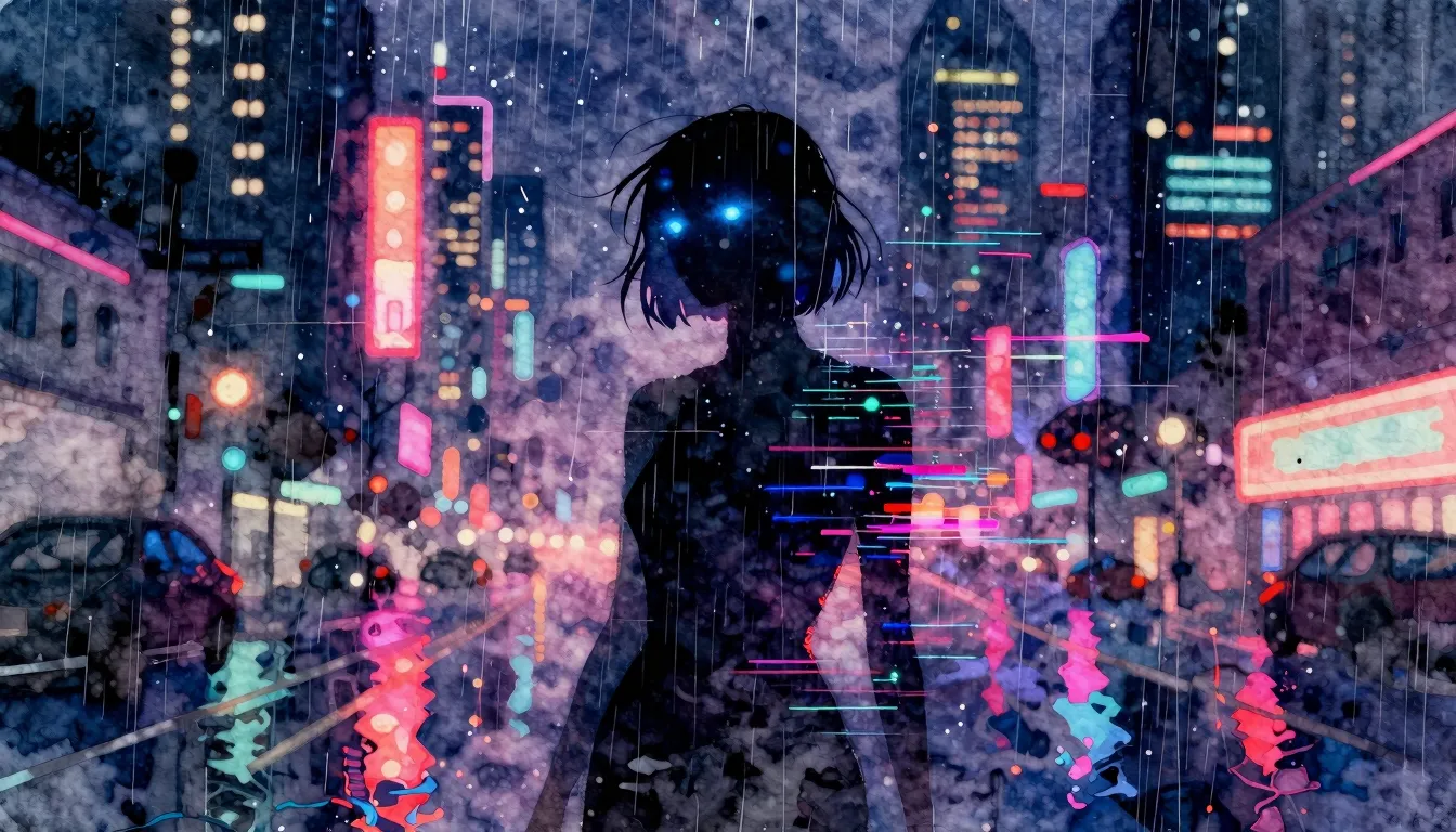 Vibrant watercolor style. Cyberpunk album cover, neon city a...