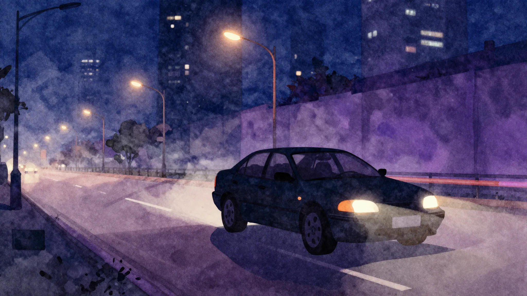 Watercolor style. A silhouette of a car driving through a ne...