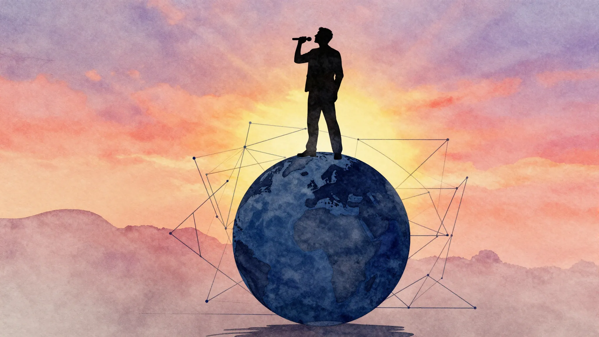 Watercolor style. Silhouette of a man standing on a giant gl...
