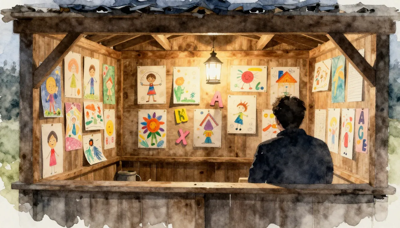 Watercolor style. A cozy interior of a wooden shelter, a wal...