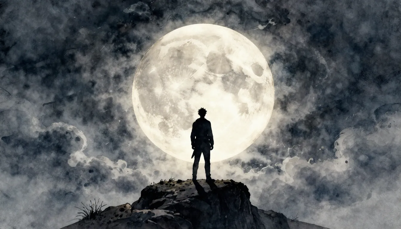 Watercolor style. Dark silhouette standing on a high cliff f...