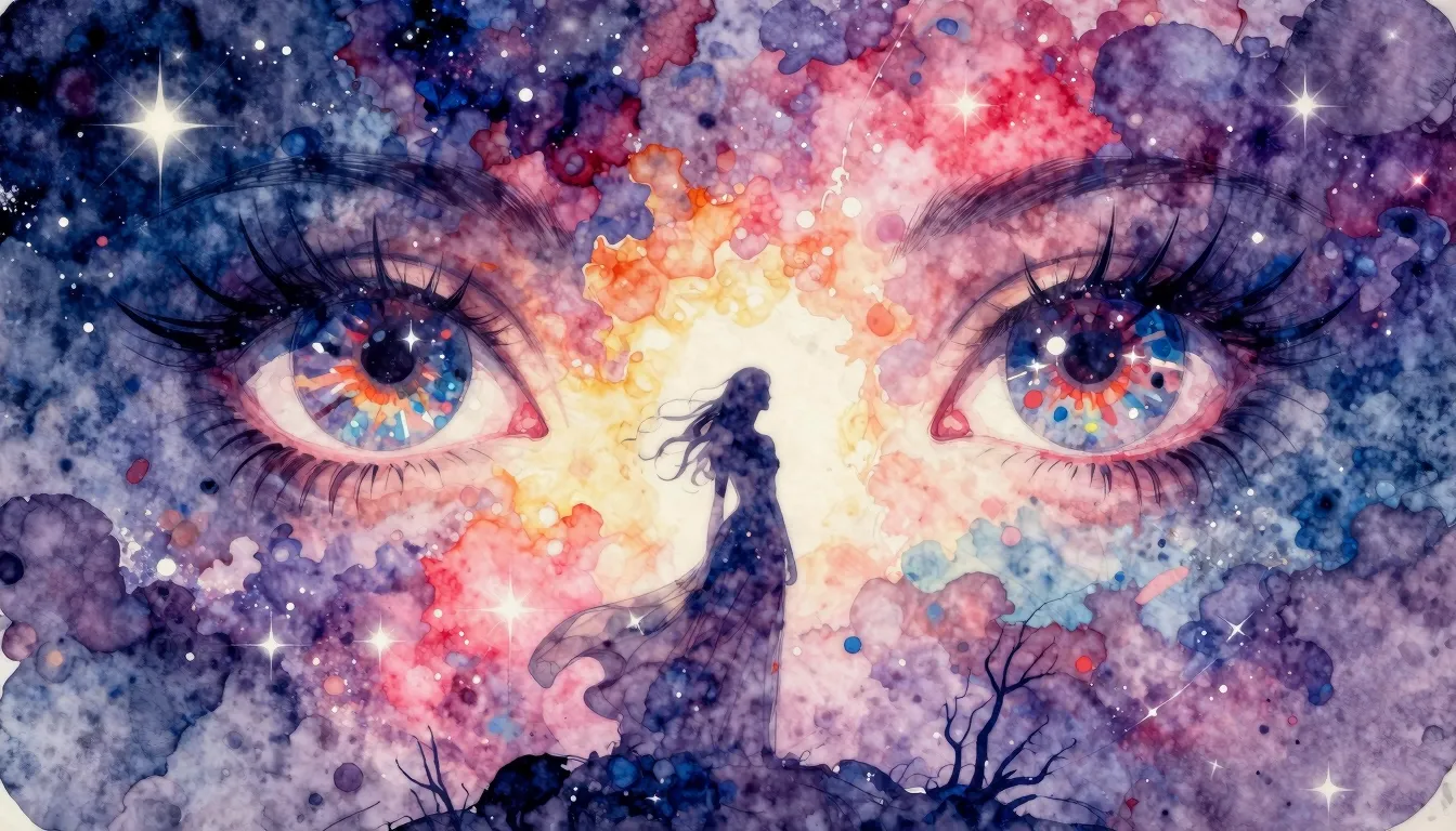 Vibrant watercolor style. Rock album cover, cosmic eyes, gal...