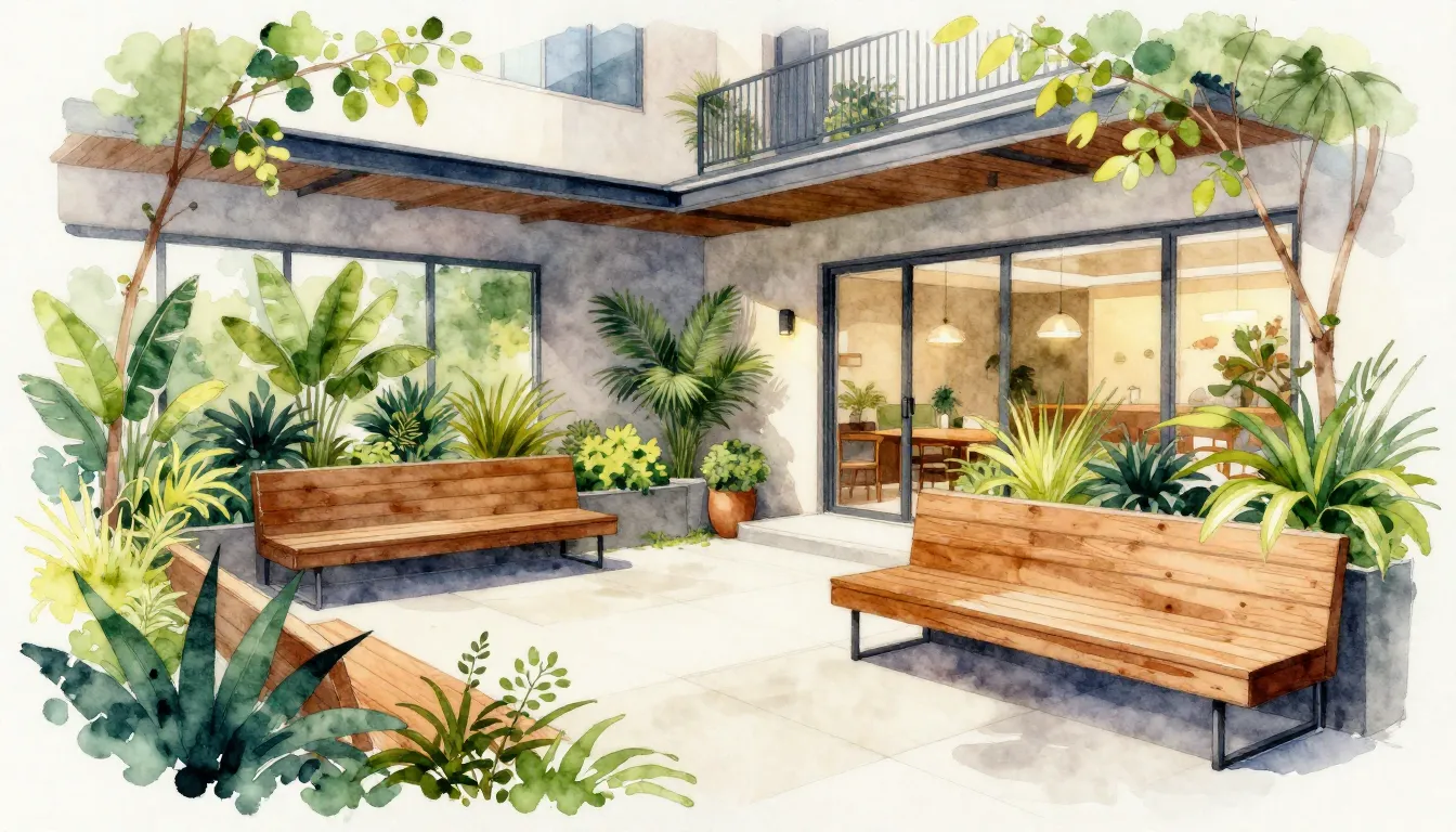 Watercolor style. Cozy modern courtyard with green plants, w...