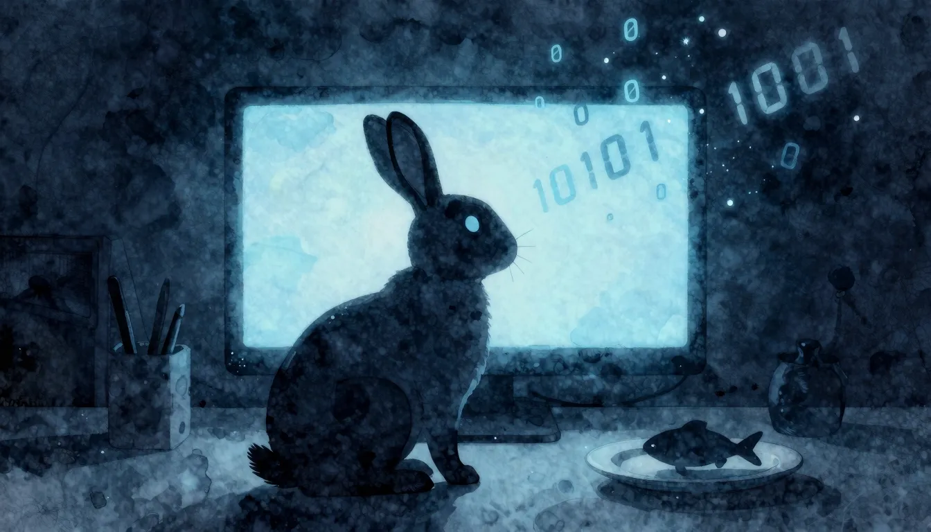 Watercolor style. Silhouette of a rabbit sitting before a gl...