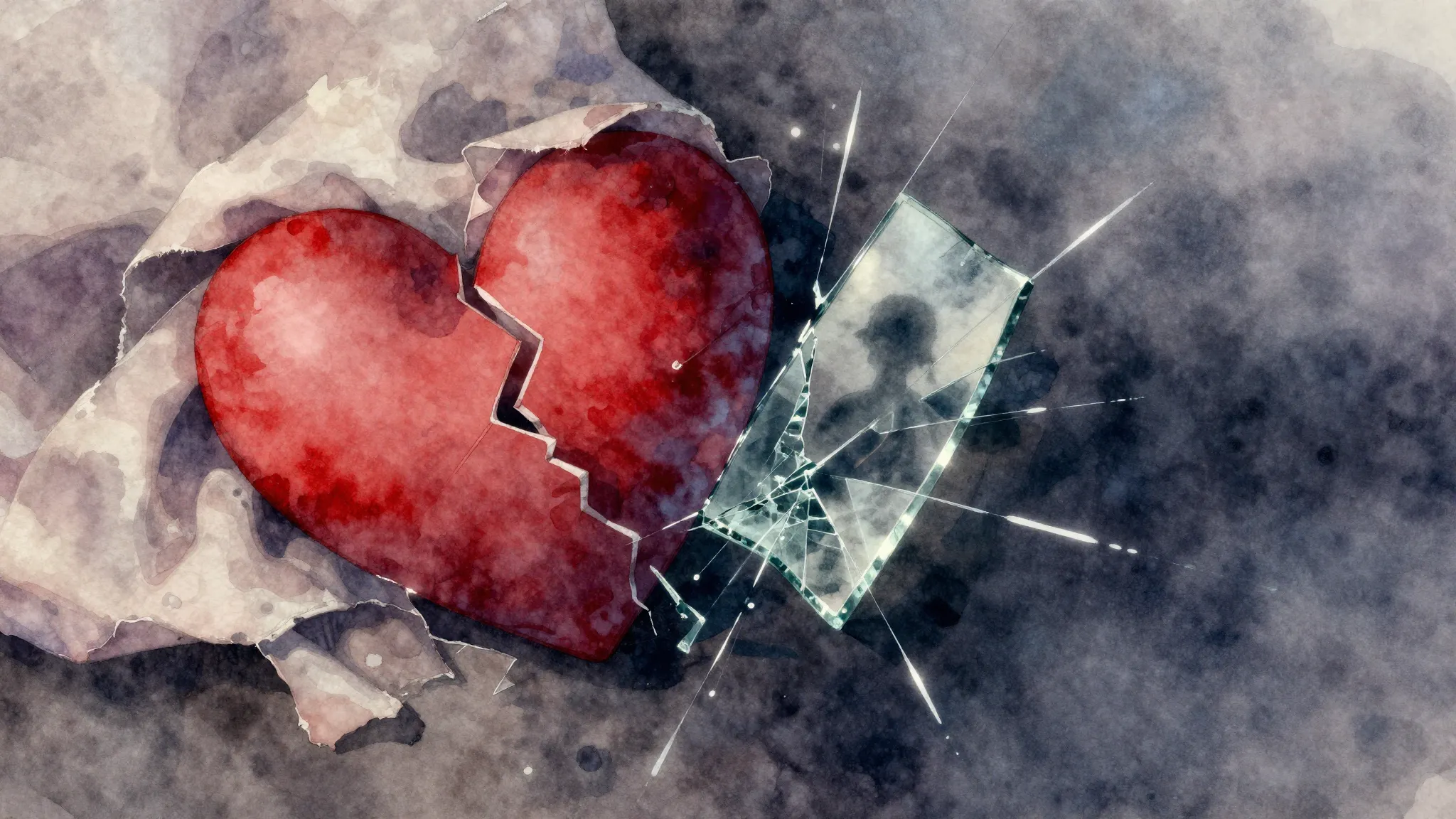 Vibrant watercolor style. Melancholic, broken heart, torn fa...