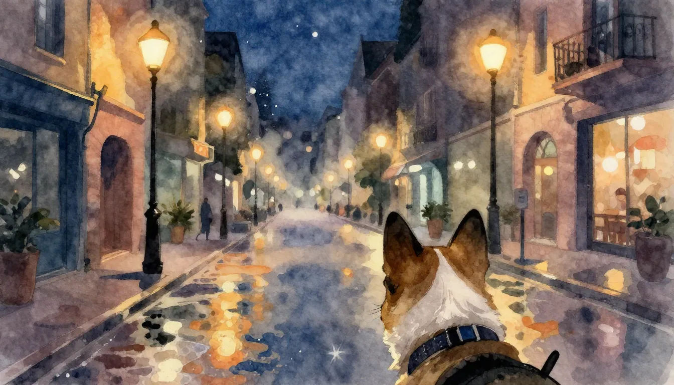Watercolor style. Night city street view from a dog's perspe...