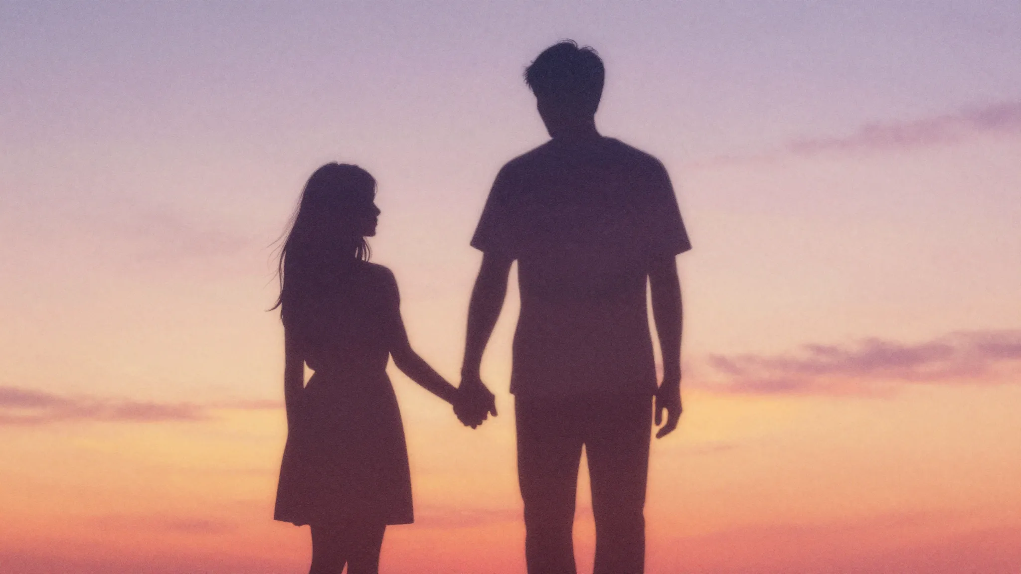 Watercolor style. A silhouette of a couple holding hands aga...