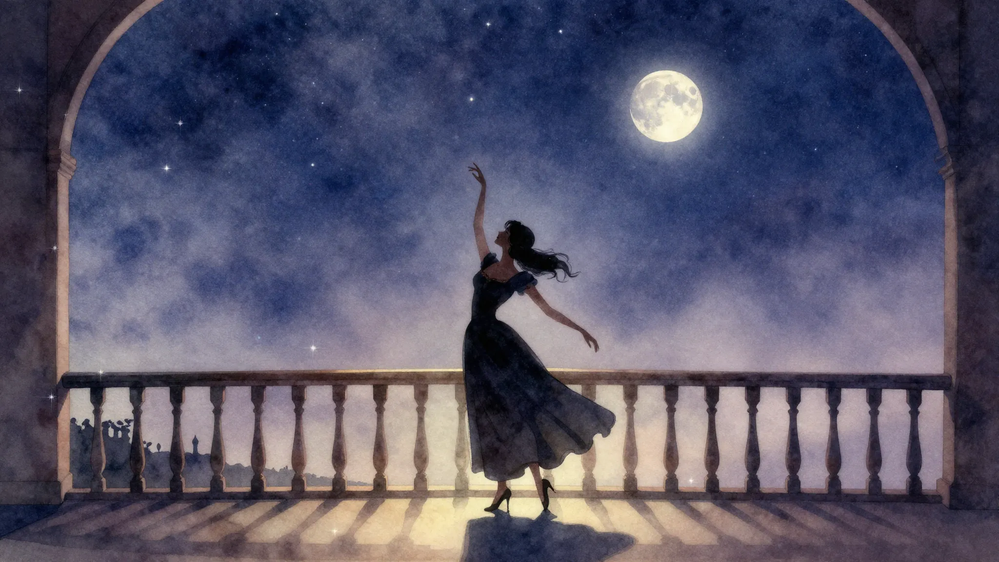 Watercolor style. A silhouette of a graceful woman standing ...