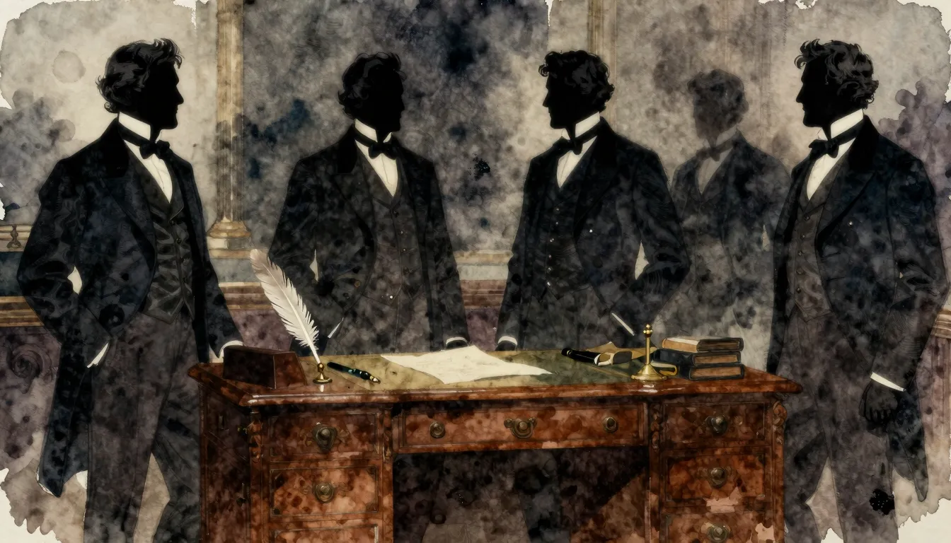 Watercolor style. Silhouettes of 4 elegant men in 19th-centu...