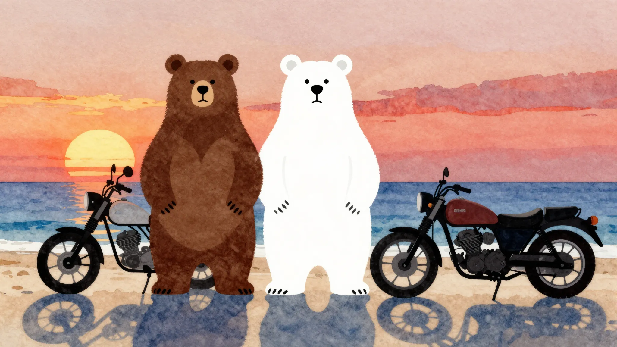 Watercolor style. Two stylized bear silhouettes, one brown a...