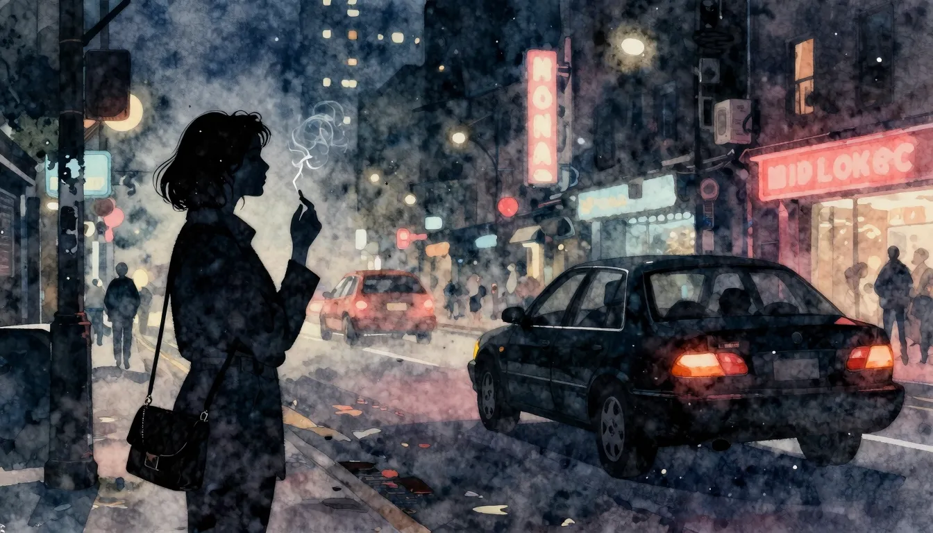 Watercolor style. Dark urban street at night, neon lights, s...