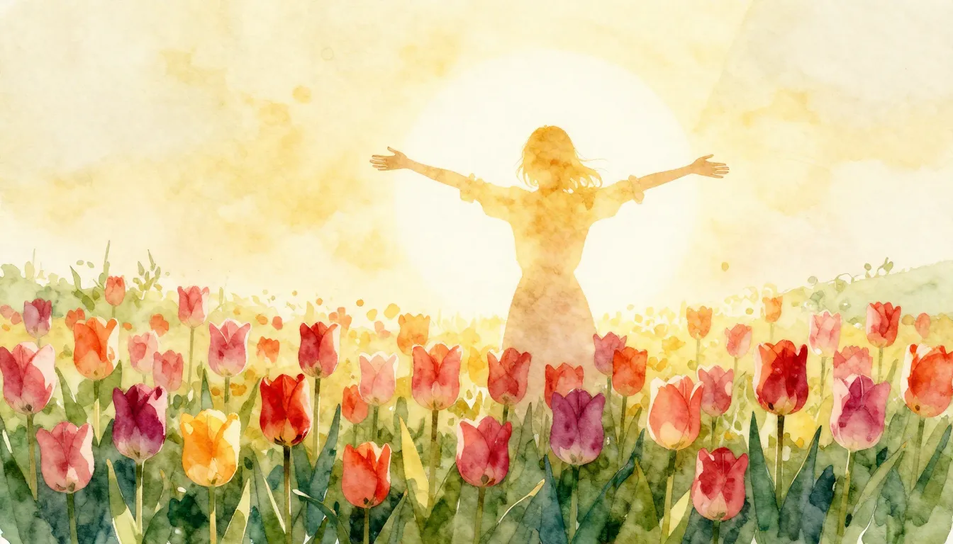 Watercolor style. A bright spring landscape with blooming tu...