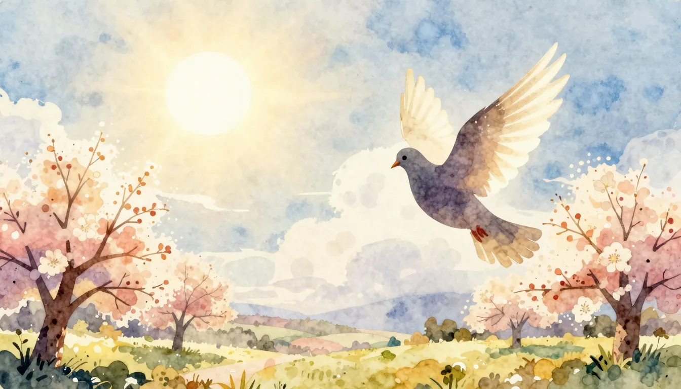 Watercolor style. Silhouette of a flying dove against a brig...