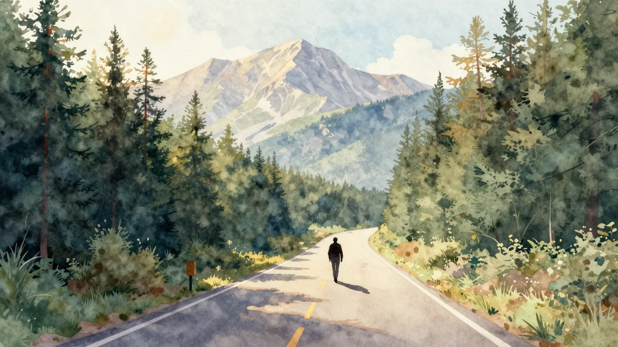 Watercolor style. A symbolic illustration of a winding road ...