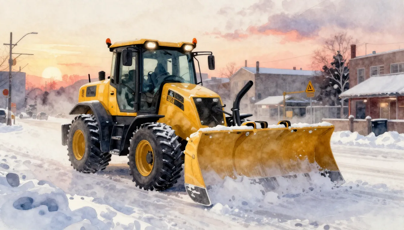 Watercolor style. A powerful yellow snow plow clearing a thi...