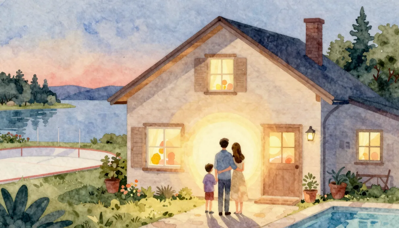 Vibrant watercolor style. A cozy, warm, and loving family ho...