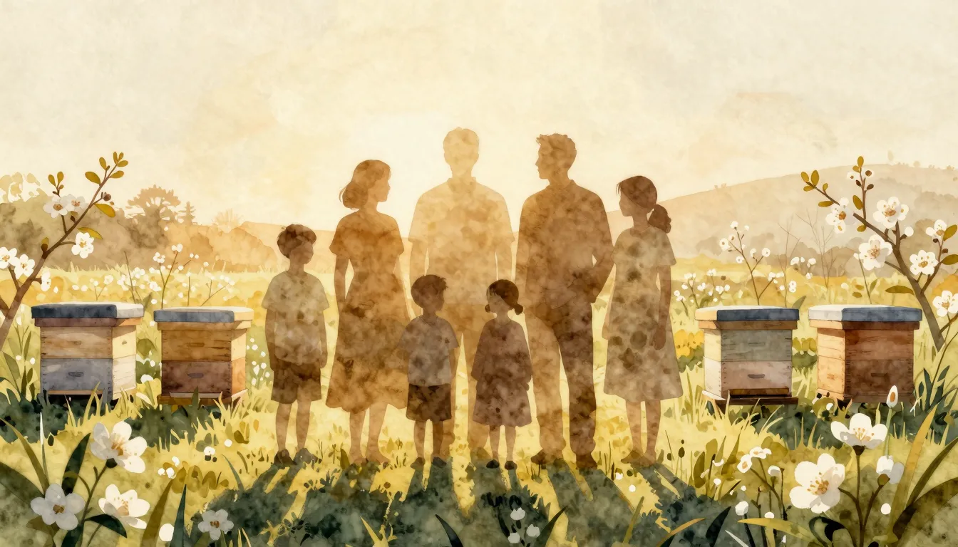 Watercolor style. Silhouettes of a large family standing tog...