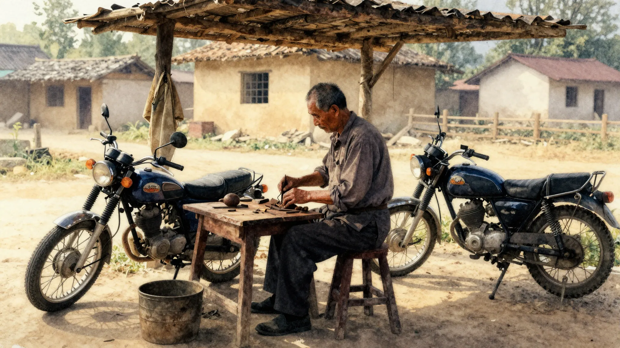 Watercolor style. A silhouette of an old cobbler working in ...