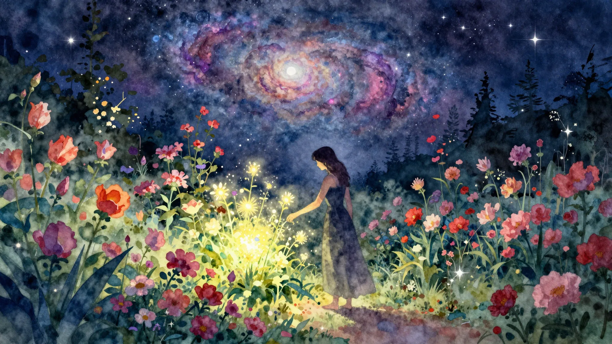 Watercolor style. A beautiful garden in full bloom under a s...