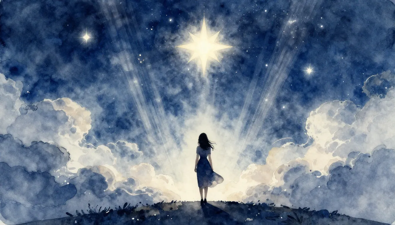 Watercolor style. A silhouette of a woman standing on a hill...