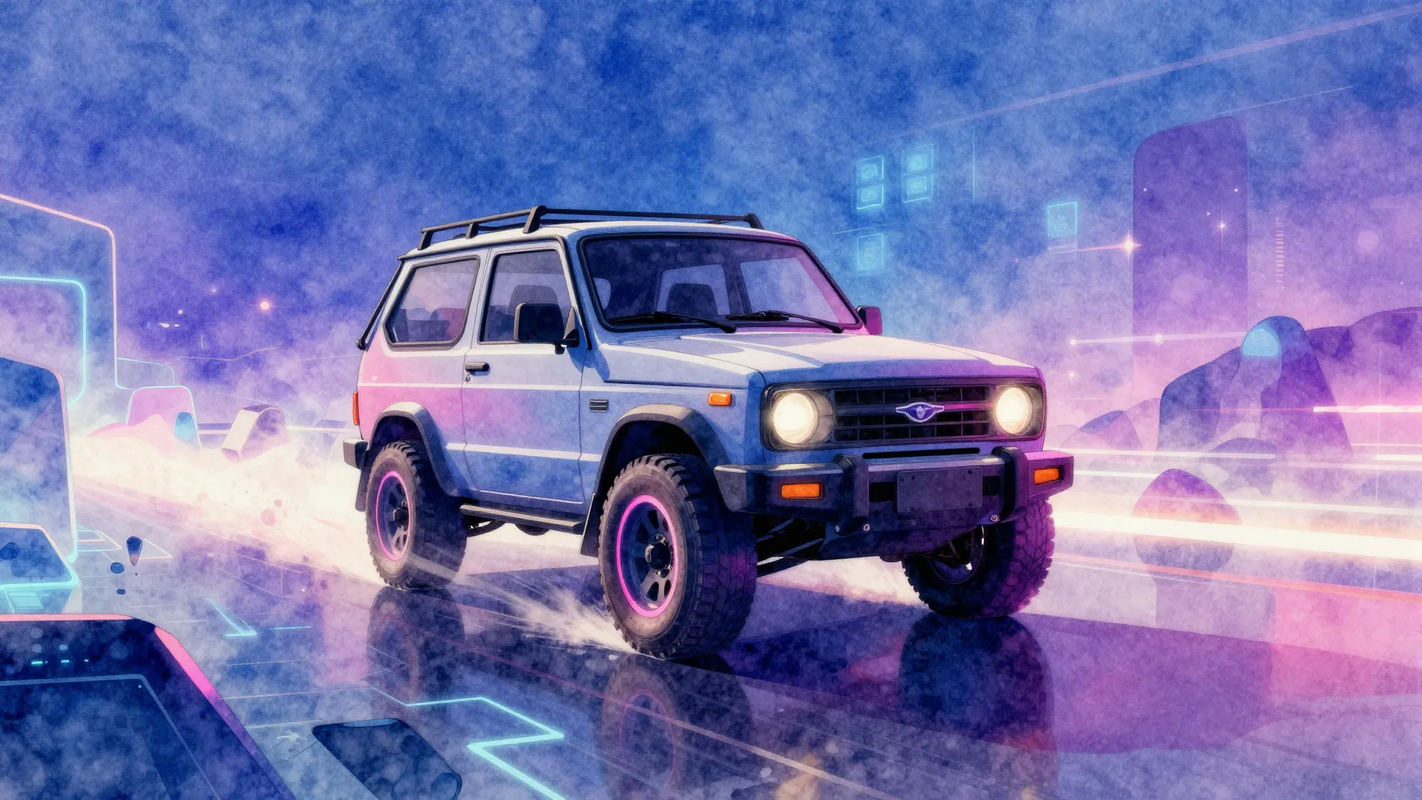Vibrant watercolor style. A stylized, futuristic, neon-lit o...