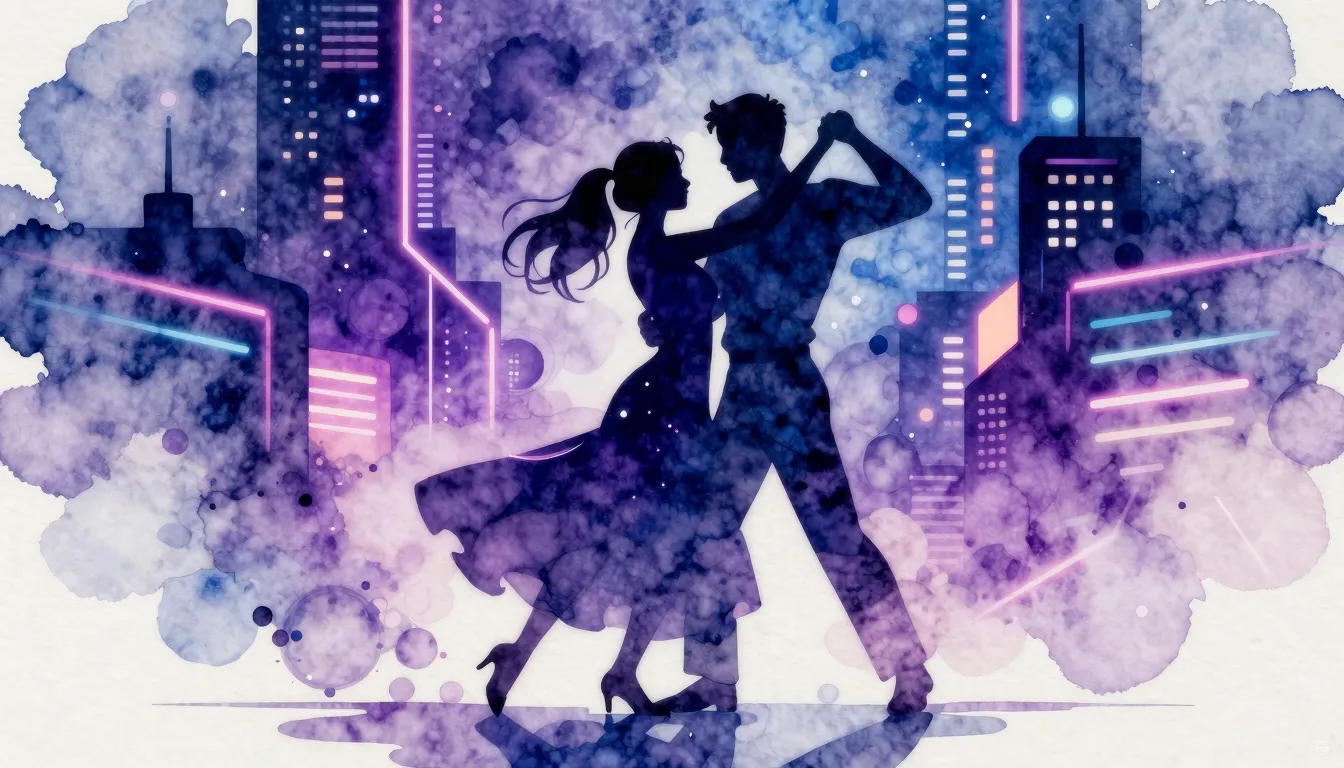 Watercolor style. Silhouette of a couple dancing under vibra...