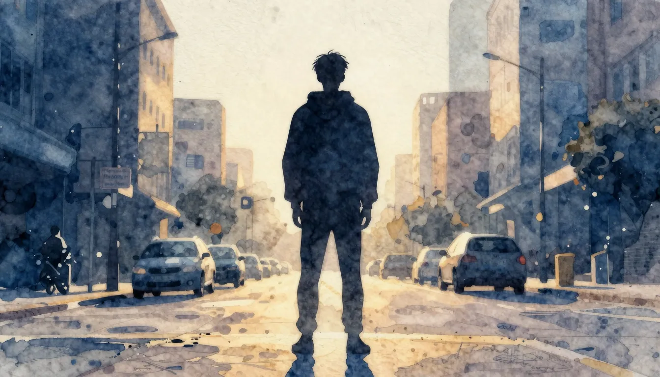 Watercolor style. A silhouette of a guy in a hoodie standing...