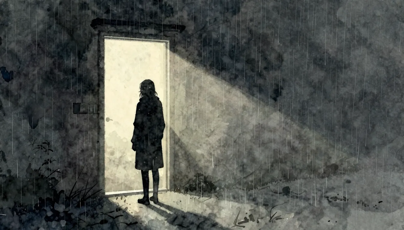 Watercolor style. A lonely silhouette stands in the rain, lo...