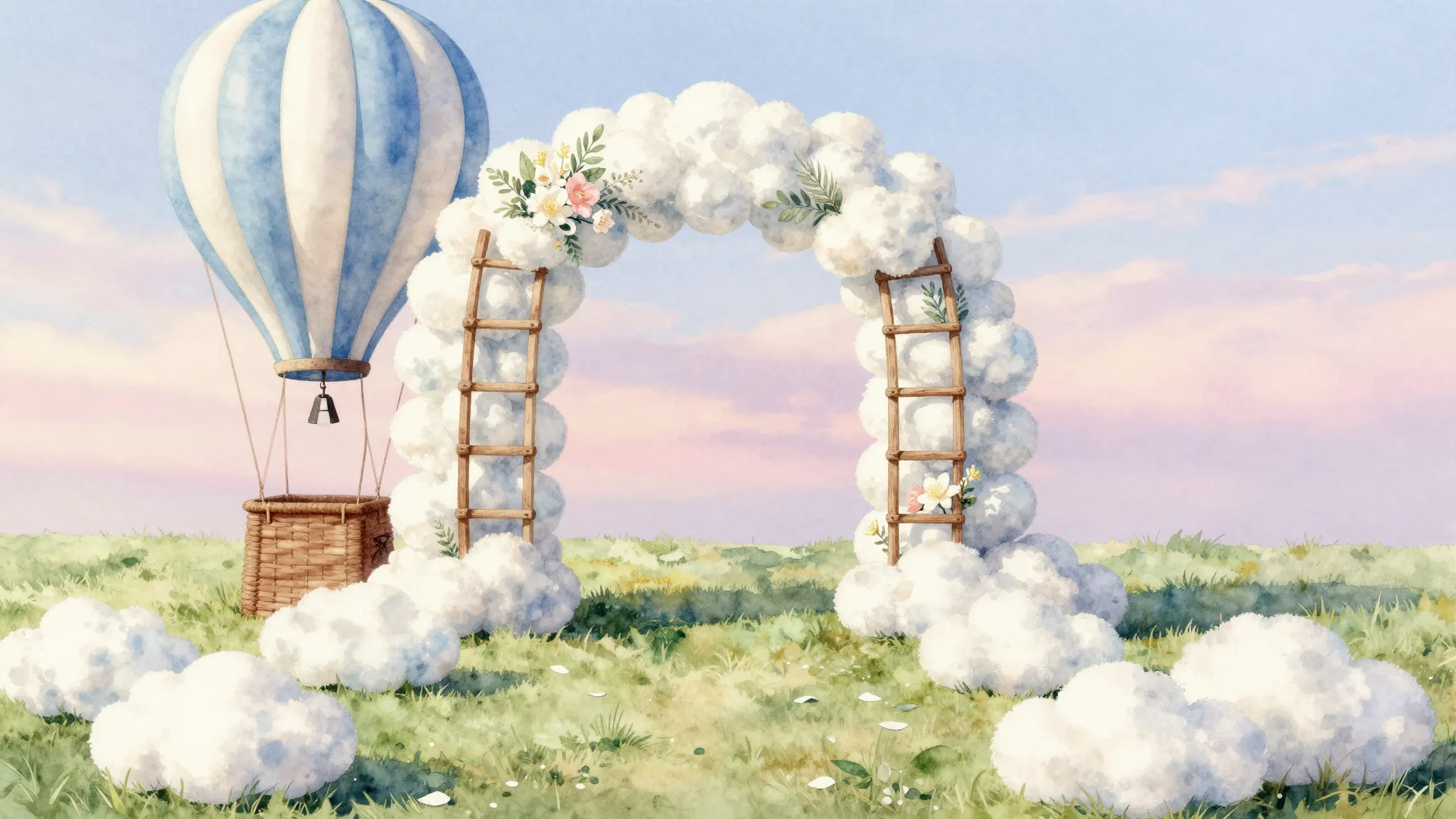 Watercolor style. Dreamy wedding ceremony setup outdoors, a ...