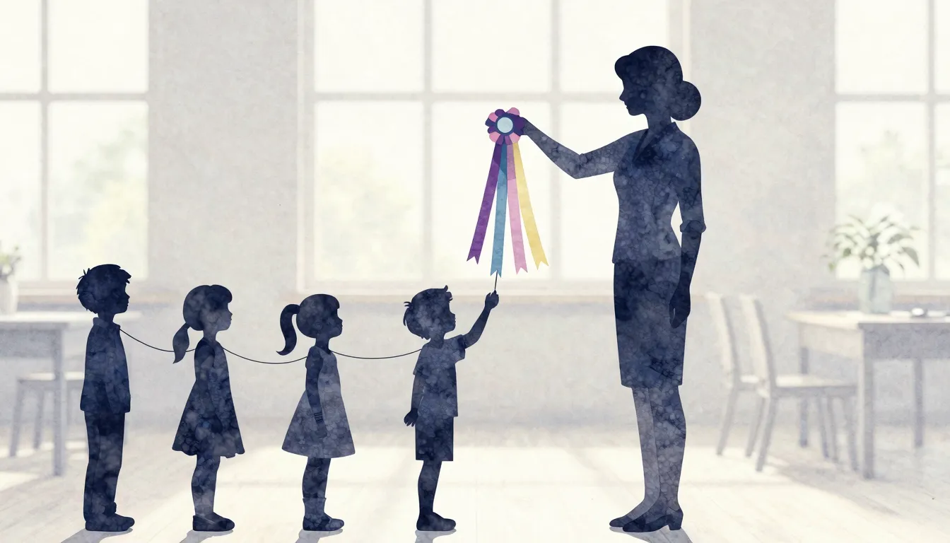 Watercolor style. A heartwarming silhouette of a teacher hol...