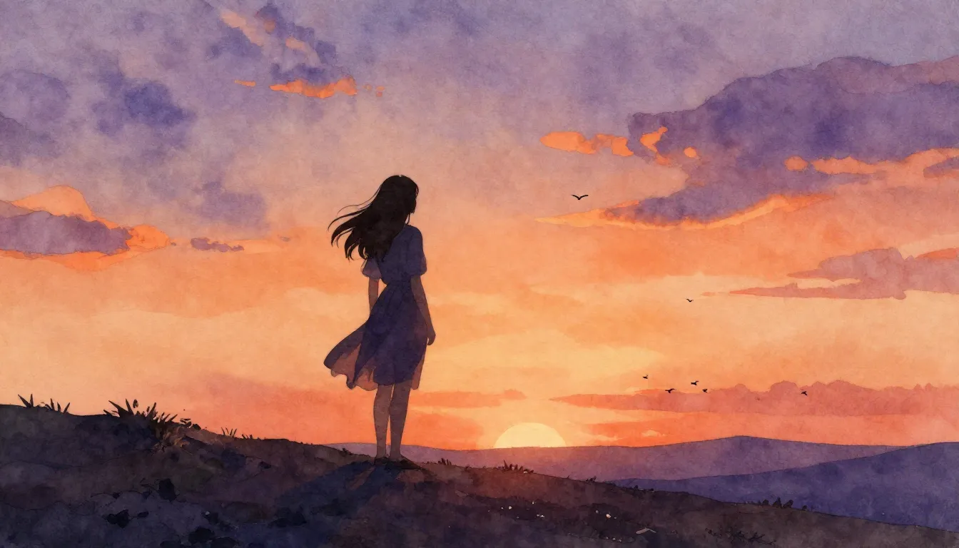 Watercolor style. Silhouette of a woman standing on a hill a...