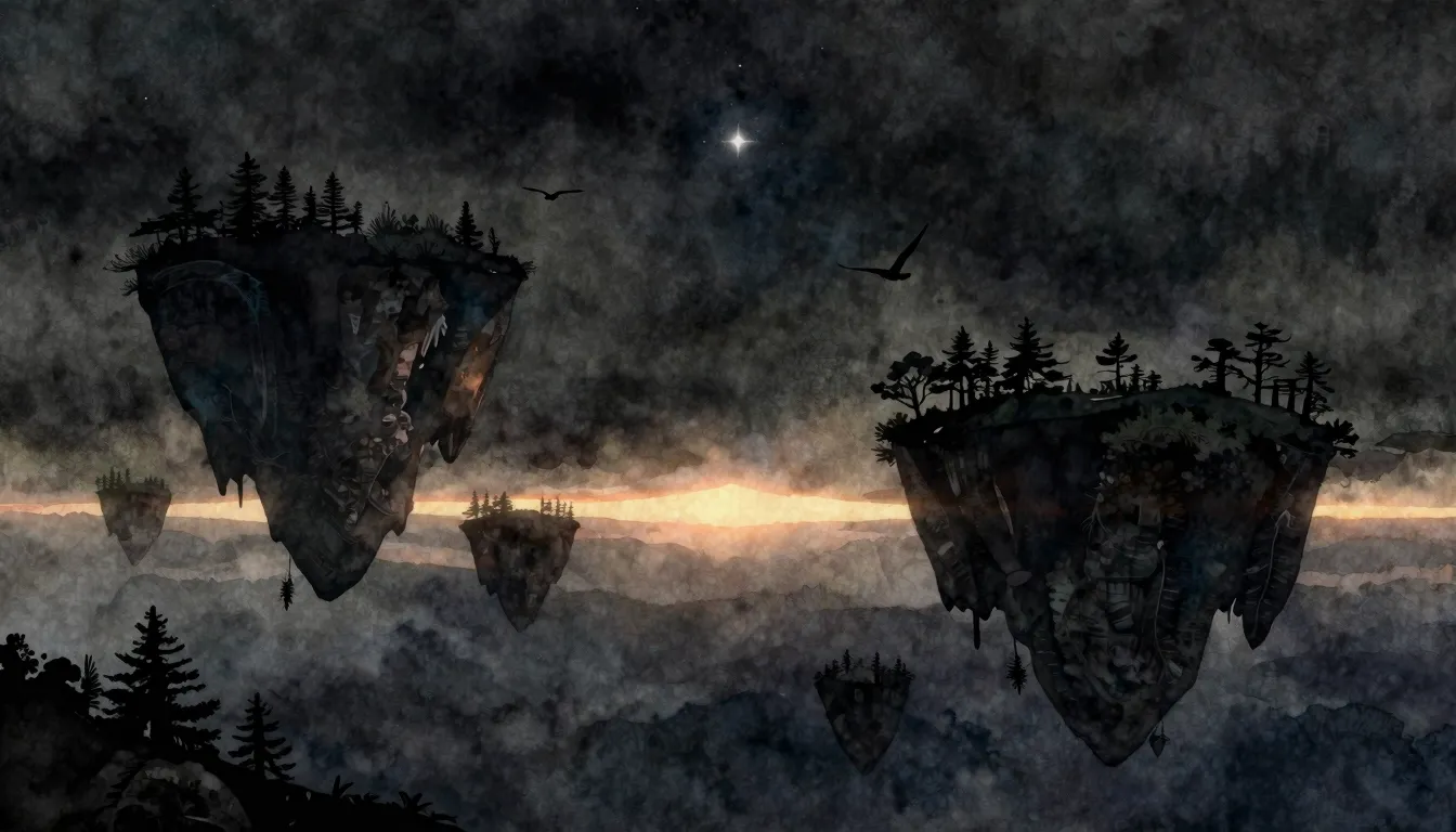 Watercolor style. Dark surreal landscape with floating islan...