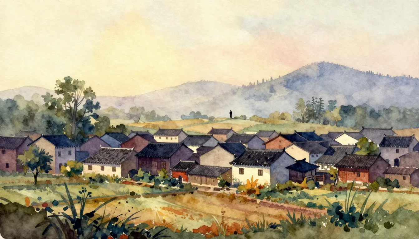 Vibrant watercolor style. A serene, melancholic landscape of...