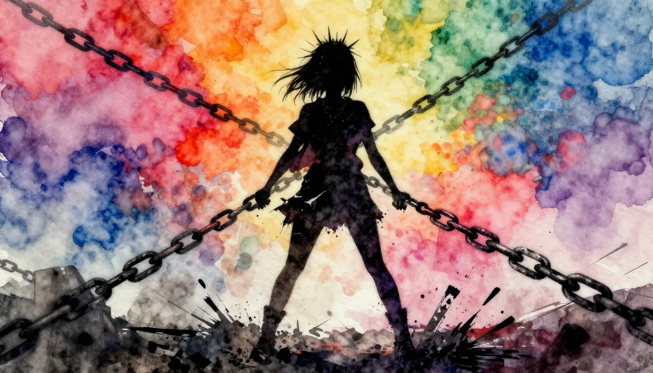 Vibrant watercolor style. Punk album cover: rebellious teena...