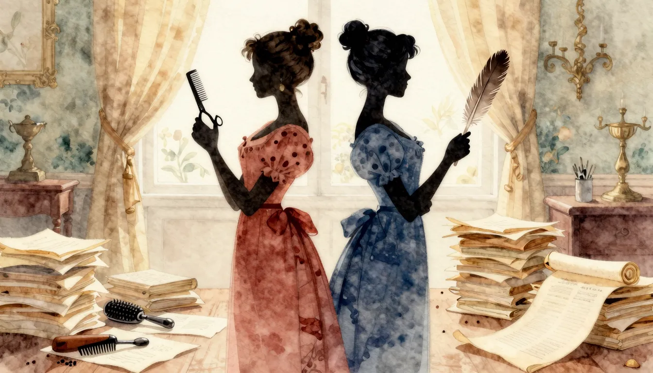 Watercolor style. Two elegant female silhouettes in 19th-cen...
