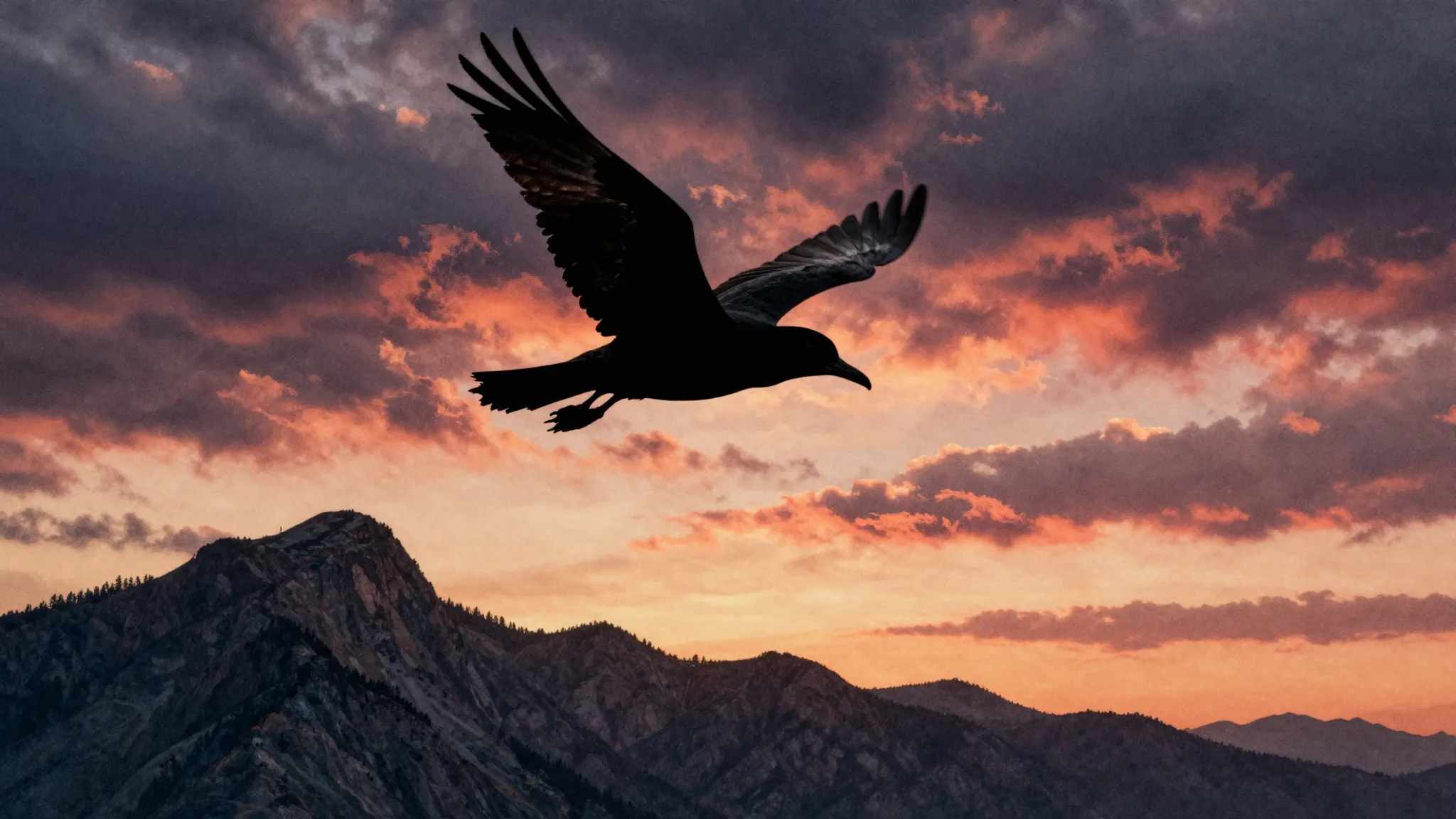 Watercolor style. Silhouette of a bird diving through dramat...