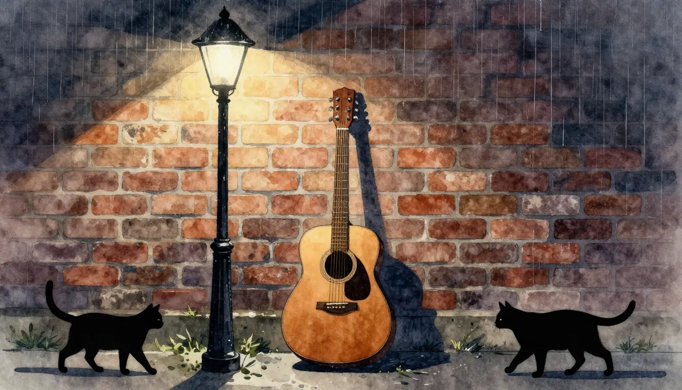 Watercolor style. A lonely acoustic guitar leaning against a...