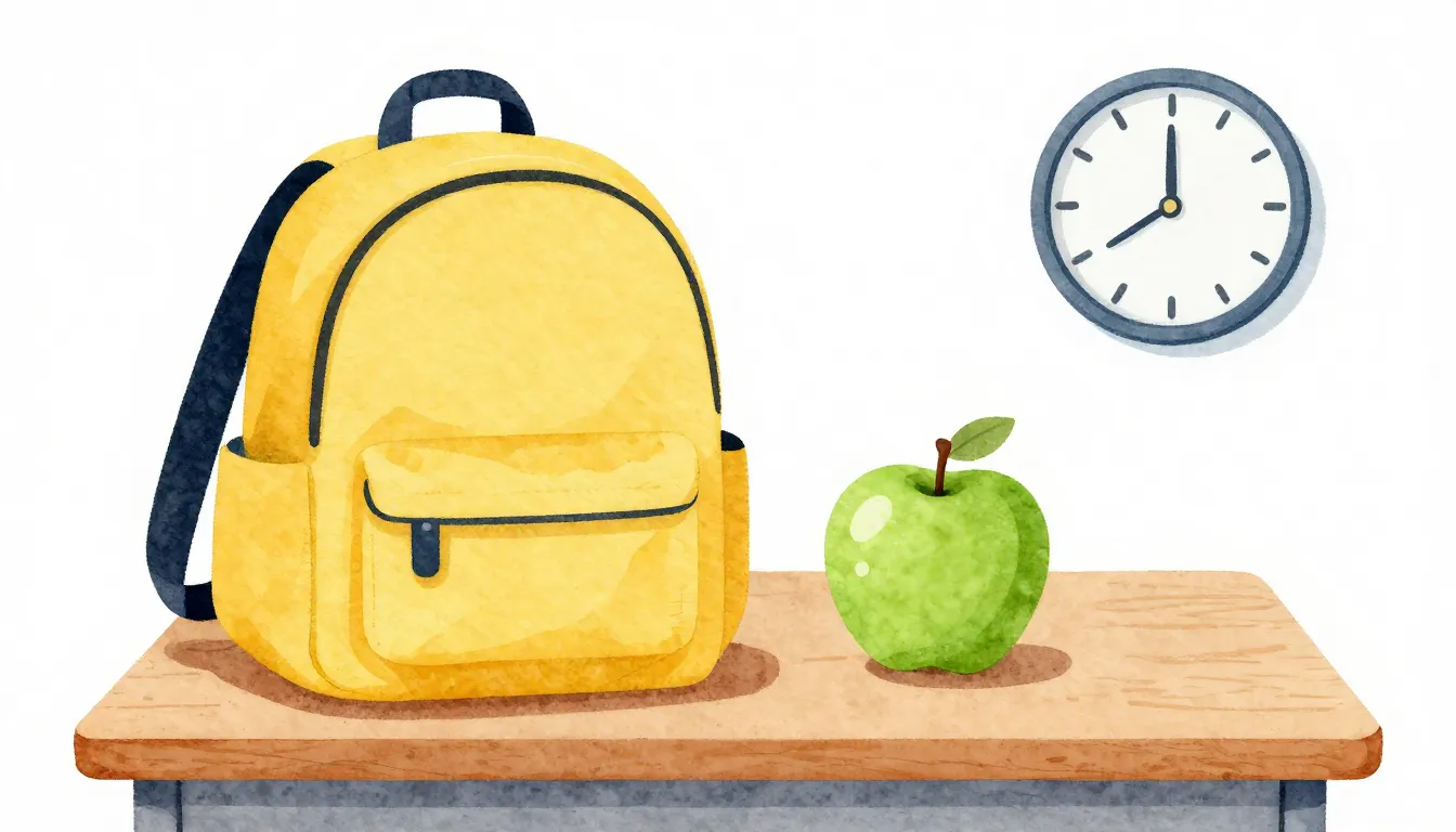 Watercolor style. Bright yellow backpack, green apple on a w...